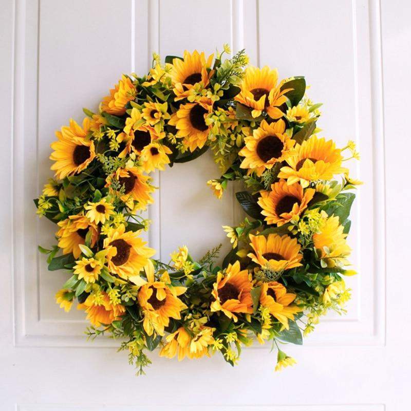 Artificial Gold Sunflower Wreath | Front Door Decor & Wall Garland (16'')