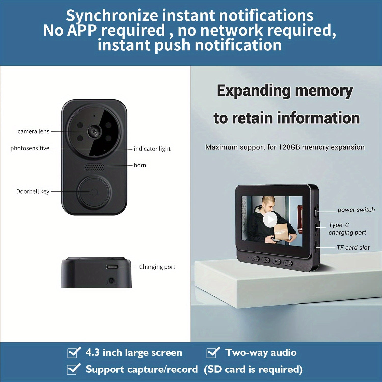 Wireless Video Doorbell with 4.3 Inch Indoor Screen and HD Camera