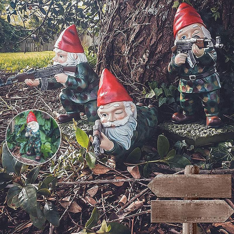 Military Garden Gnome with Camouflage Uniform – Funny Soldier Statue for Yard, Patio & Man Cave Decor