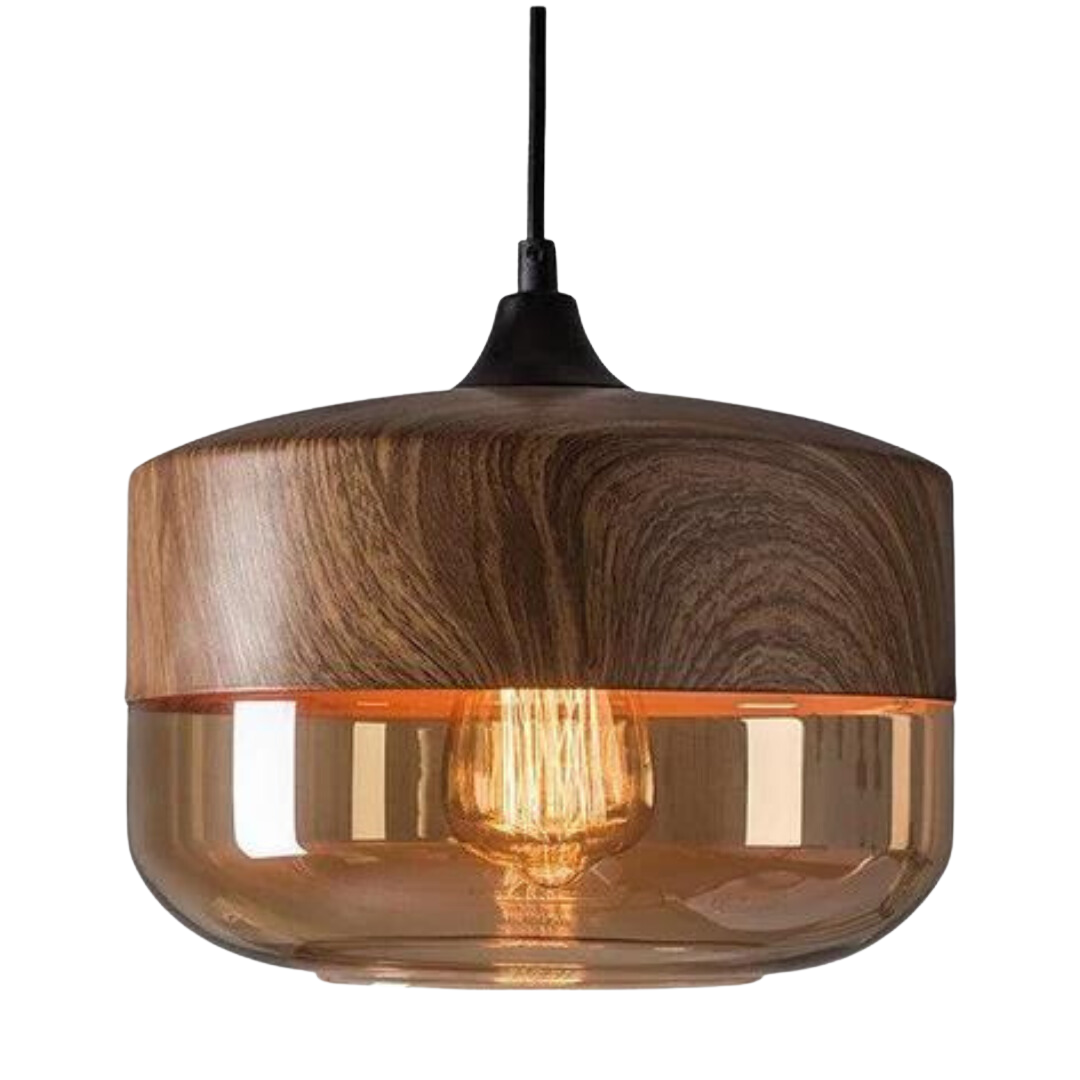 Scandinavian Glass & Wood Pendant Light – Adjustable E27 Hanging Lamp for Dining & Living Room