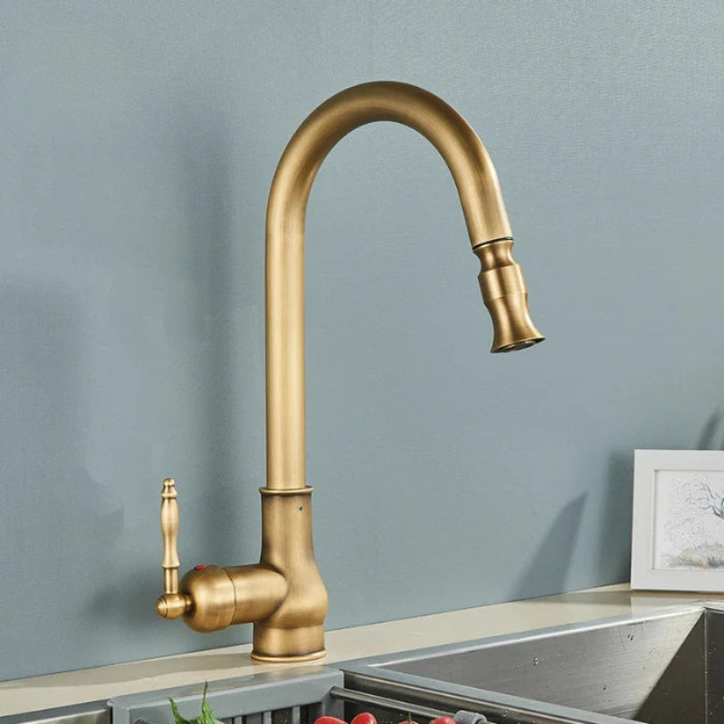 Antique Brass Kitchen Faucet with Adjustable Spout and Durable Design