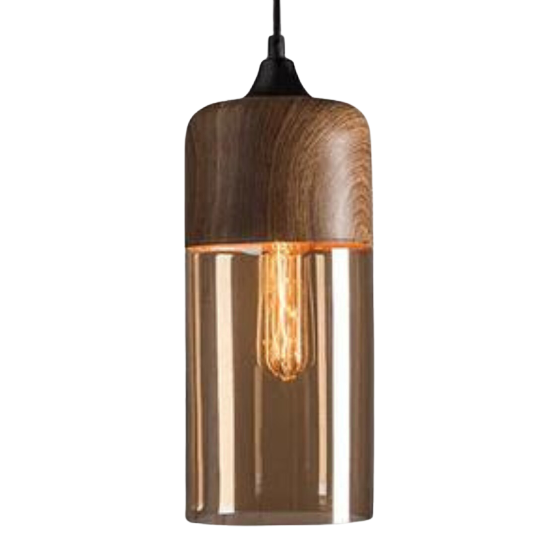 Scandinavian Glass & Wood Pendant Light – Adjustable E27 Hanging Lamp for Dining & Living Room