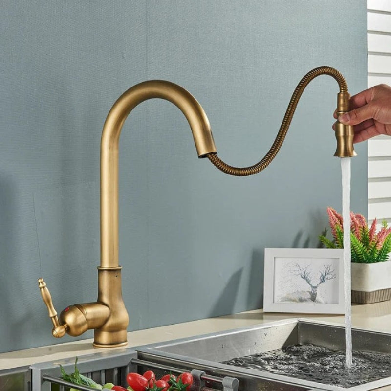Antique Brass Kitchen Faucet with Adjustable Spout and Durable Design