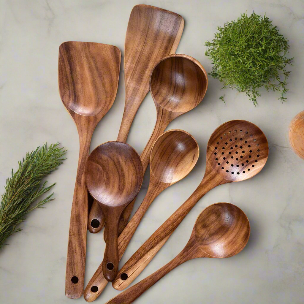 Teak Wood Cooking Utensil Set | Non-Stick Safe Kitchen Spoons