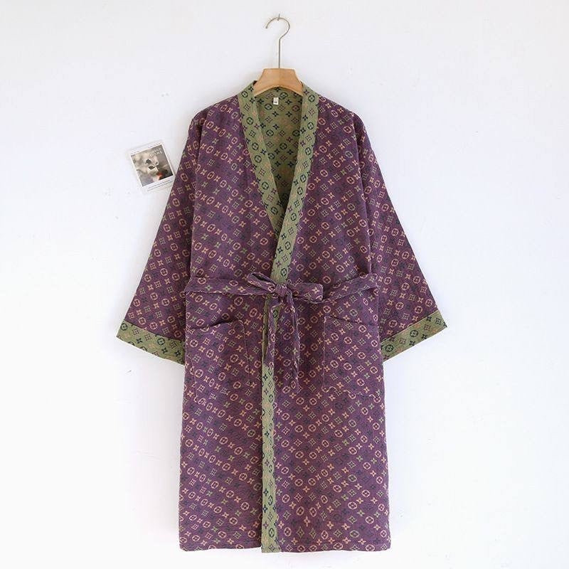 AeroLuma Reversible Kimono Bathrobe in Organic Cotton – Two-Color Breathable Robe with Ginkgo Motif
