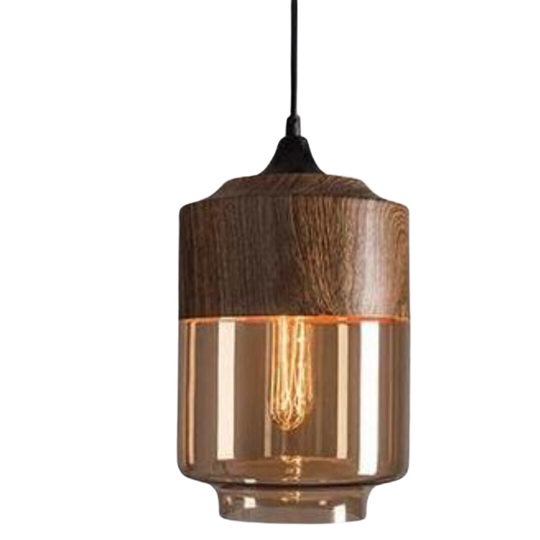 Scandinavian Glass & Wood Pendant Light – Adjustable E27 Hanging Lamp for Dining & Living Room