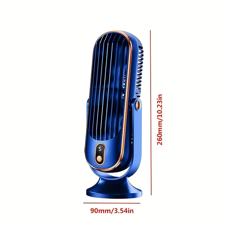 Compact USB rechargeable fan on a desk