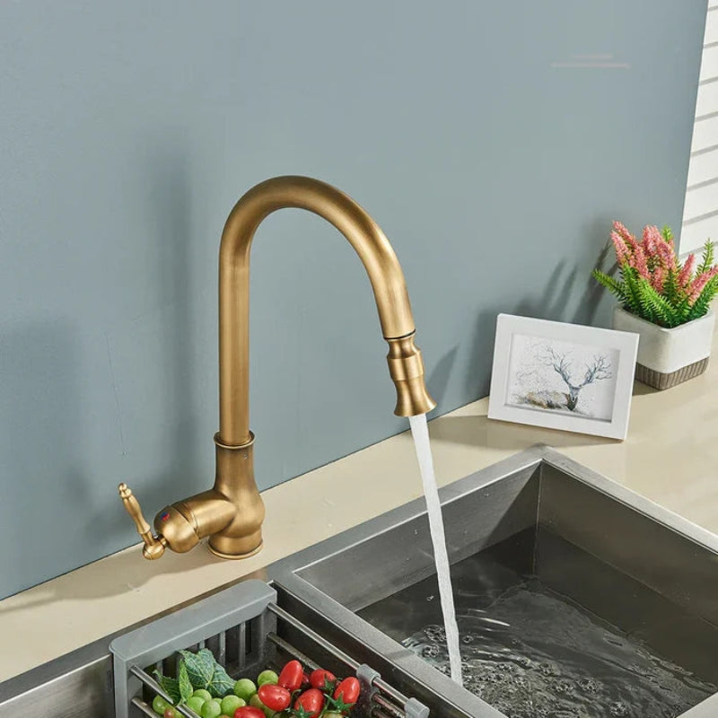 Antique Brass Kitchen Faucet with Adjustable Spout and Durable Design