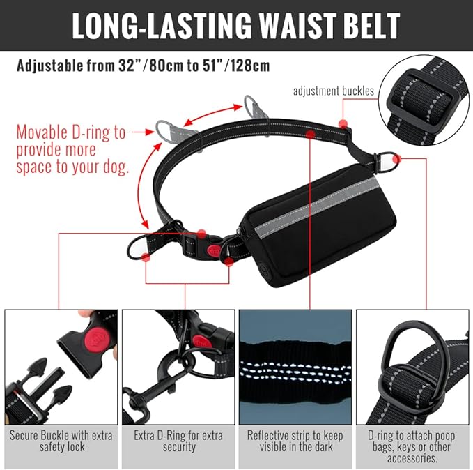 Hands-Free Dog Leash with Shock-Absorbing Bungee – Reflective Waist Leash for Running, Walking & Hiking