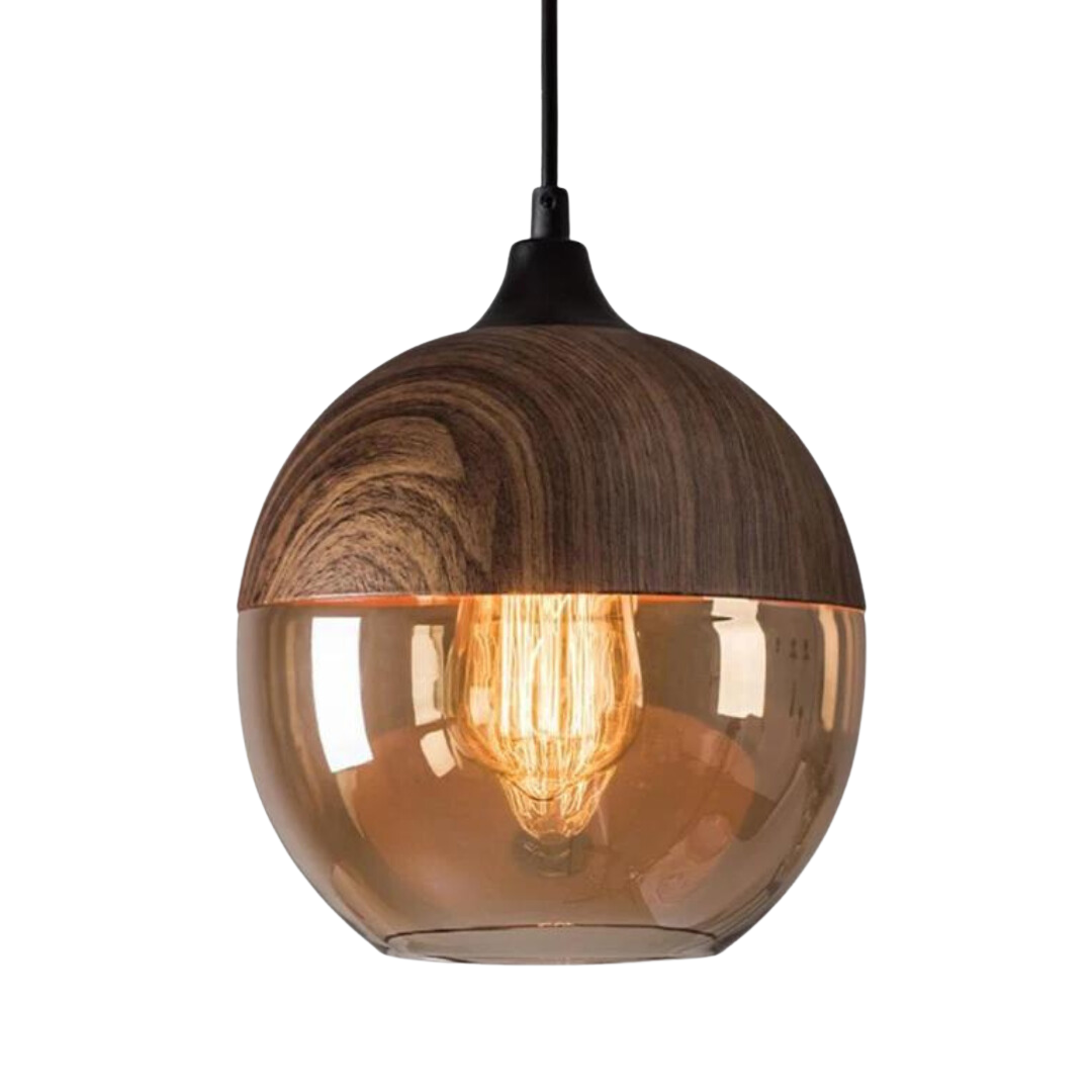 Scandinavian Glass & Wood Pendant Light – Adjustable E27 Hanging Lamp for Dining & Living Room