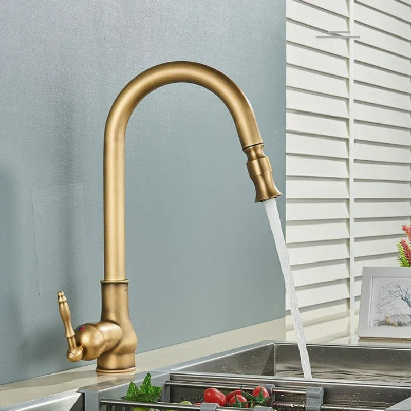 Antique Brass Kitchen Faucet with Adjustable Spout and Durable Design