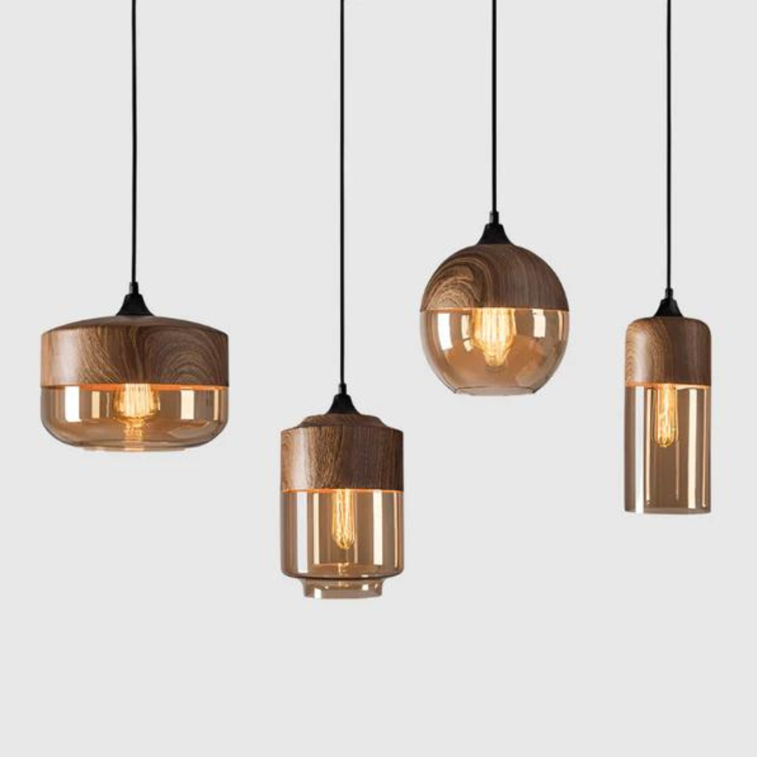 Scandinavian Glass & Wood Pendant Light – Adjustable E27 Hanging Lamp for Dining & Living Room