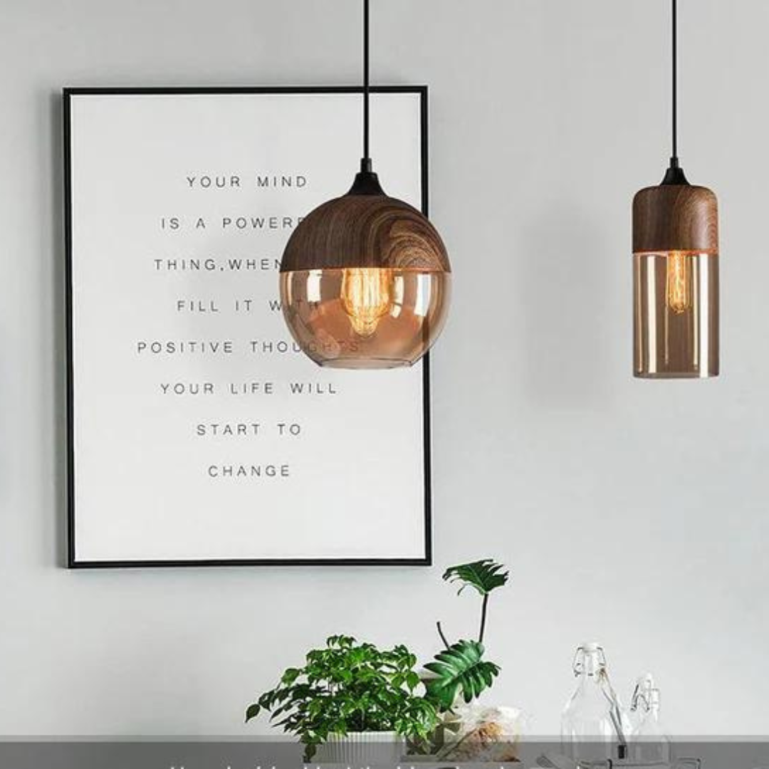 Scandinavian Glass & Wood Pendant Light – Adjustable E27 Hanging Lamp for Dining & Living Room