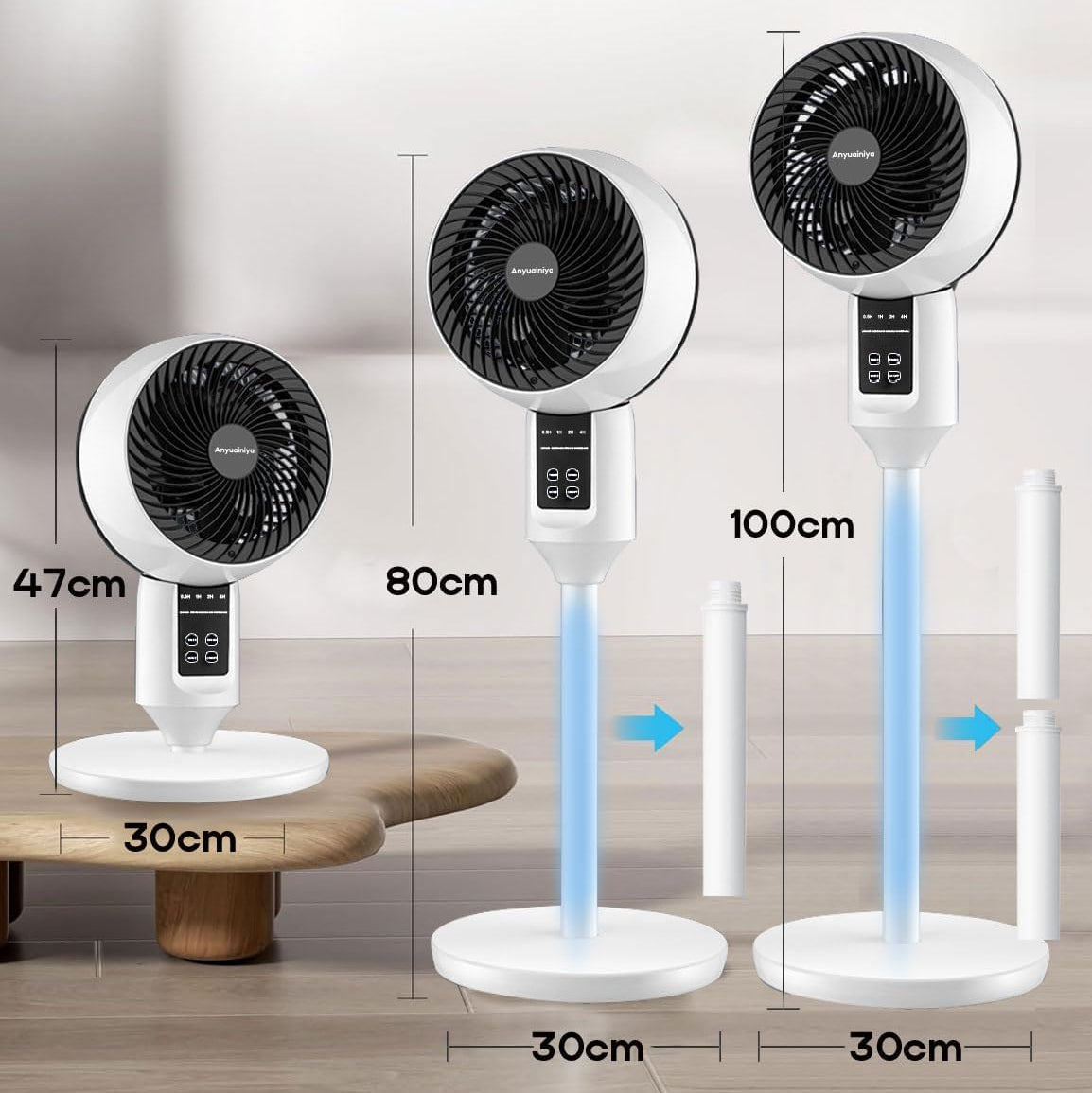Pedestal fan oscillation and height settings