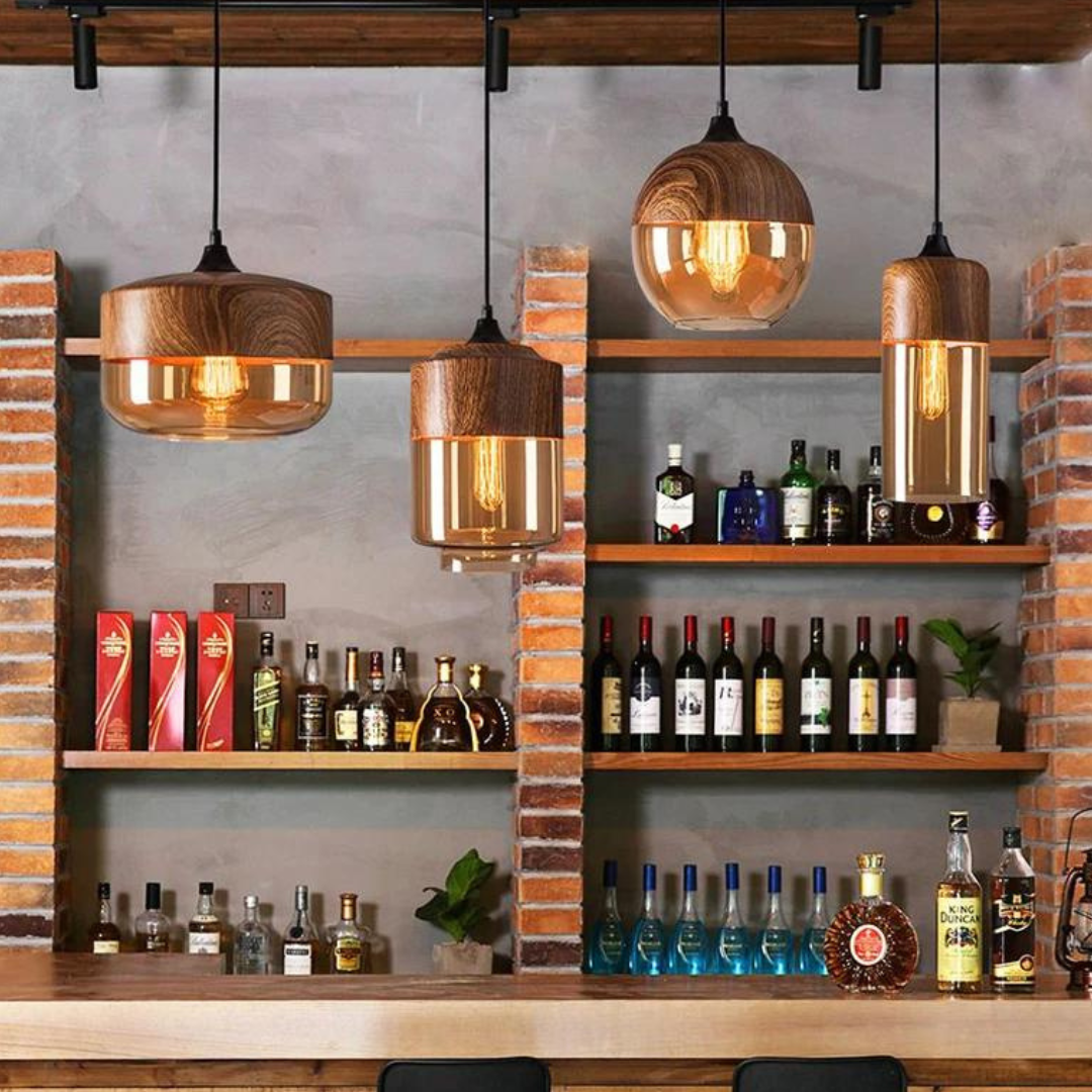 Scandinavian Glass & Wood Pendant Light – Adjustable E27 Hanging Lamp for Dining & Living Room