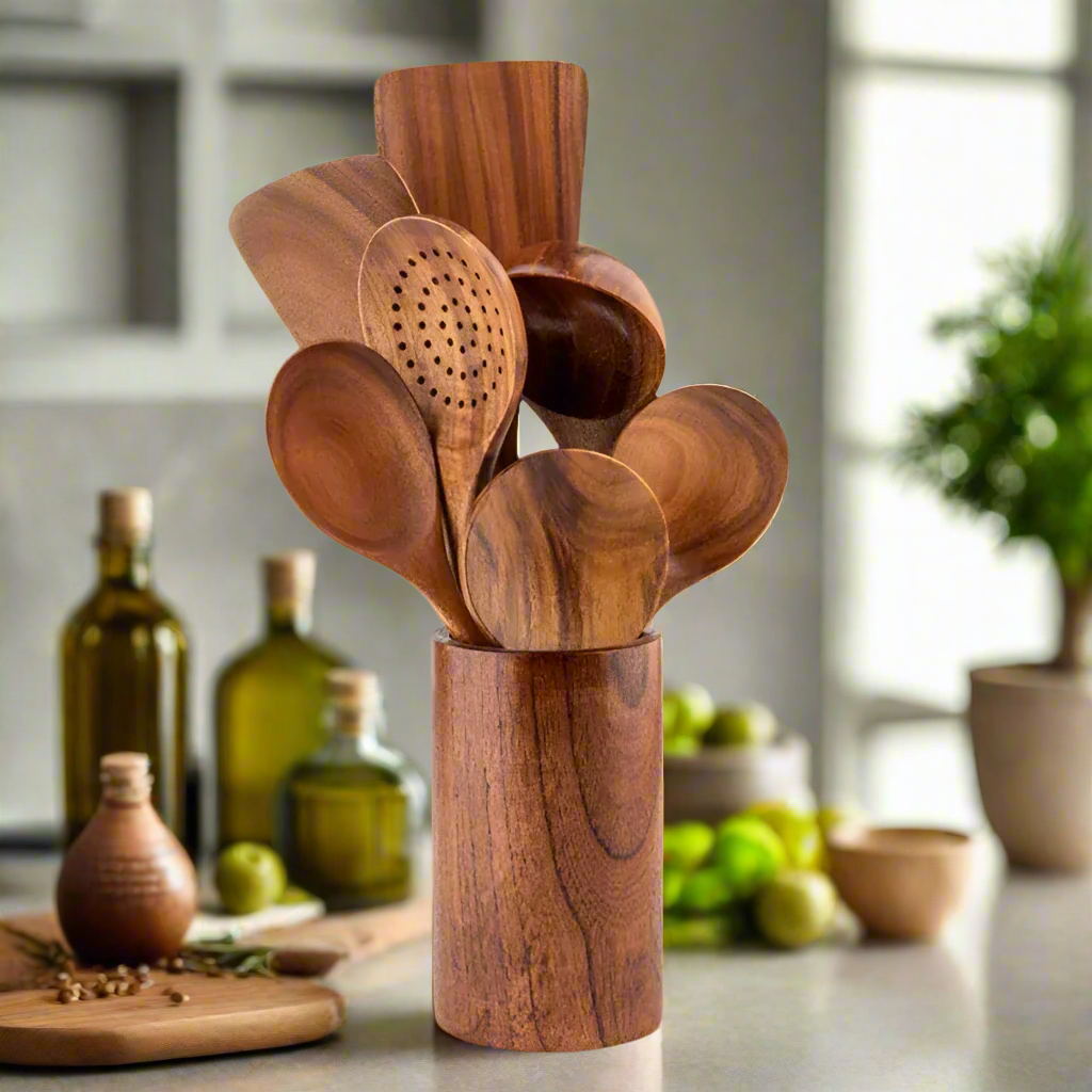 Teak Wood Cooking Utensil Set | Non-Stick Safe Kitchen Spoons