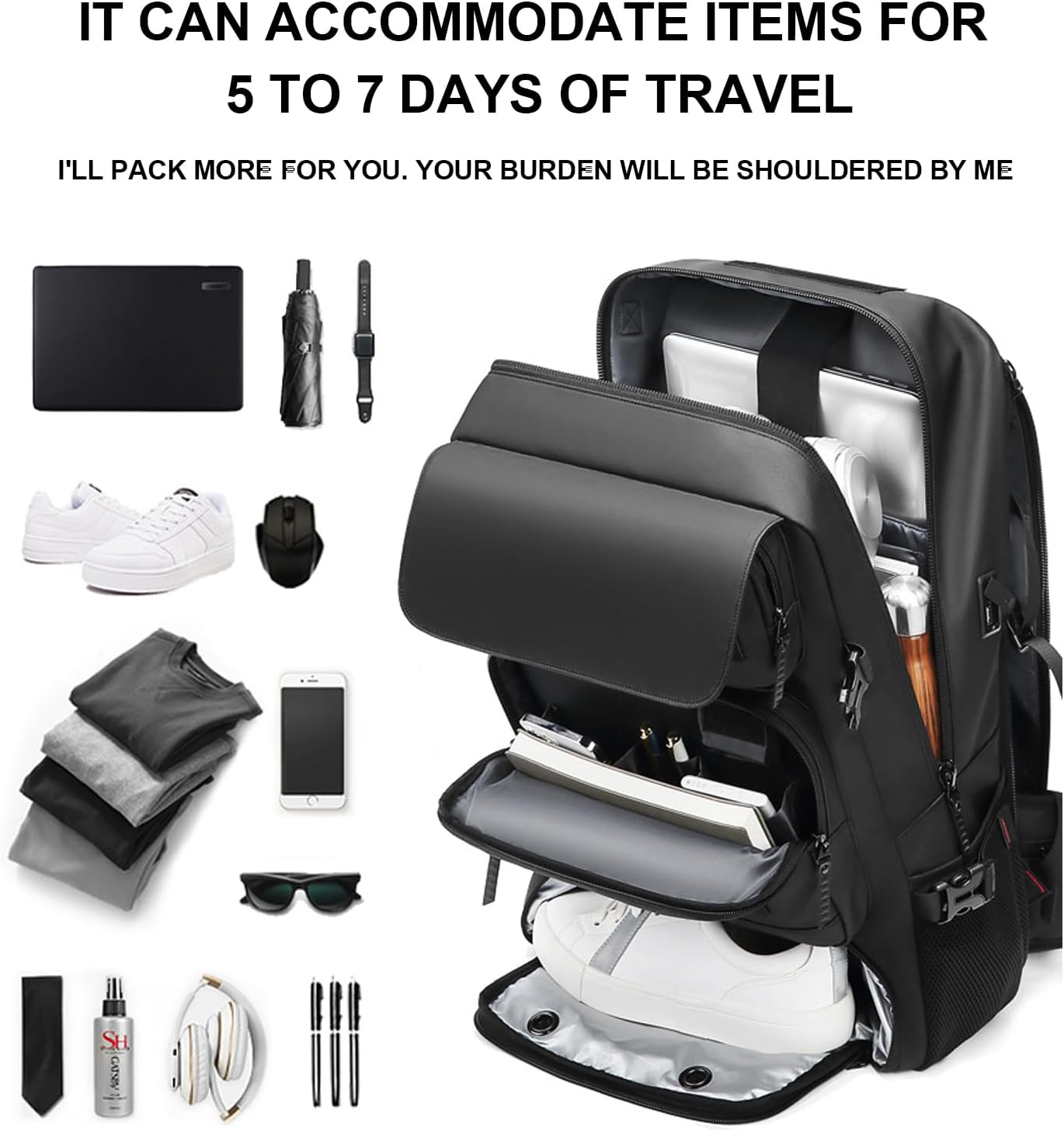 Waterproof Travel Backpack | Carry-On Weekender Bag with Shoe Compartment & USB (50L)