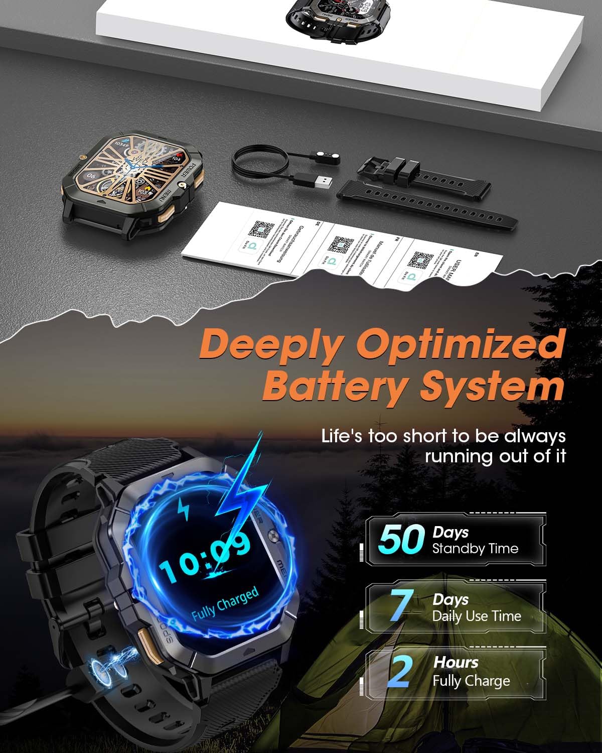 Men's Military Smart Watch | Waterproof Fitness Tracker & Bluetooth Calls with Blood Pressure/Heart Rate/Sleep/100+ Sport Modes