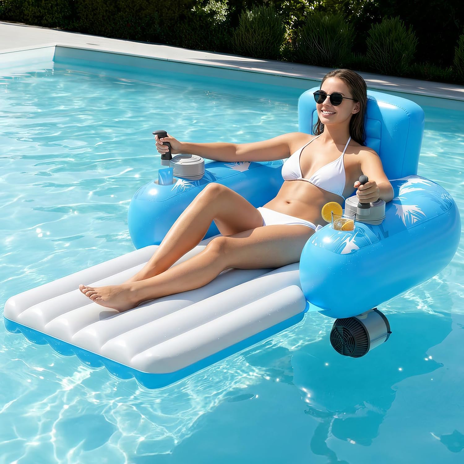 Motorized Inflatable Pool Lounger for Adults – Rechargeable Dual-Motor Water Float with 360° Glide & Storage Pockets