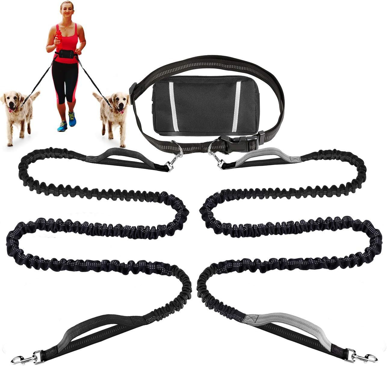 Hands-Free Dog Leash with Shock-Absorbing Bungee – Reflective Waist Leash for Running, Walking & Hiking