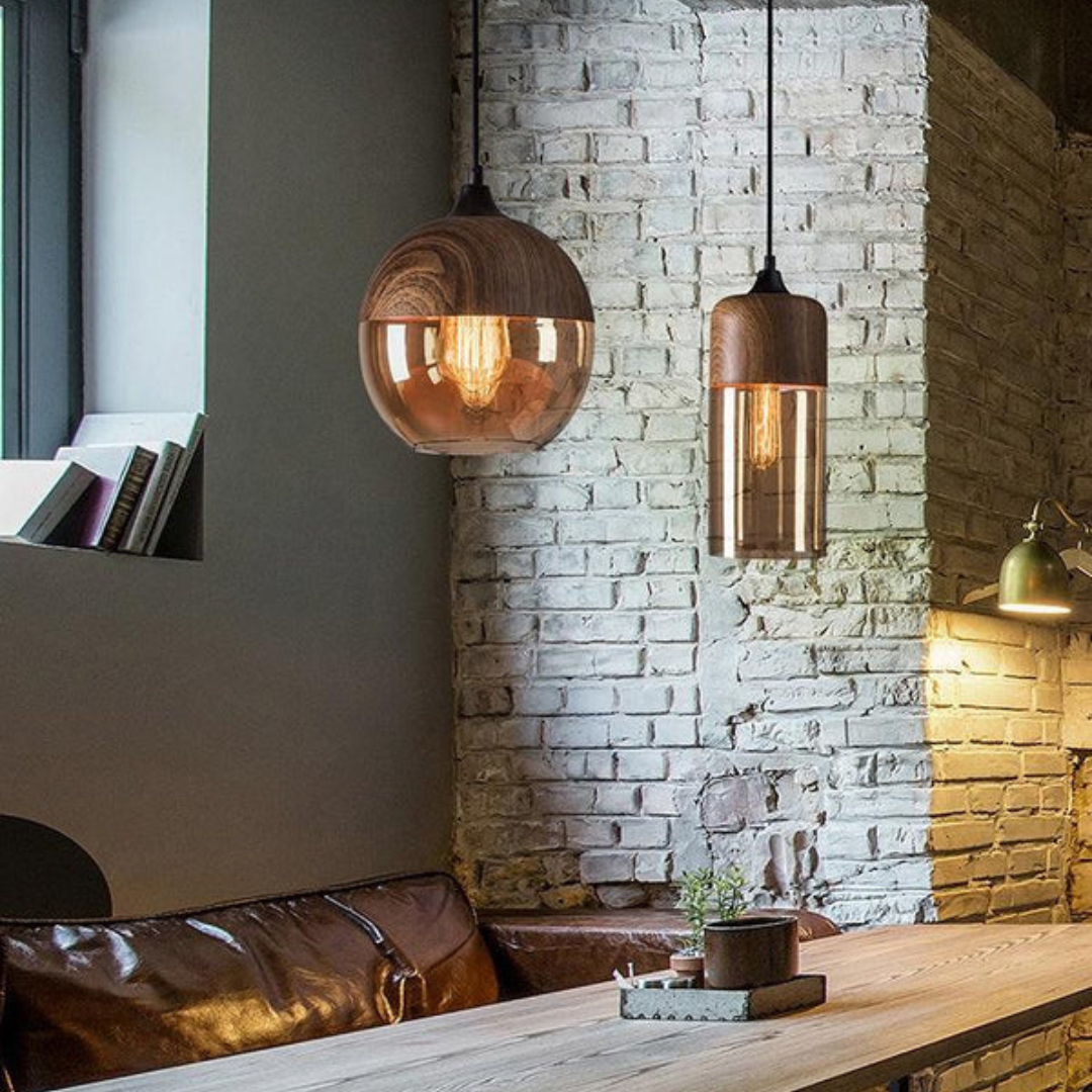 Scandinavian Glass & Wood Pendant Light – Adjustable E27 Hanging Lamp for Dining & Living Room