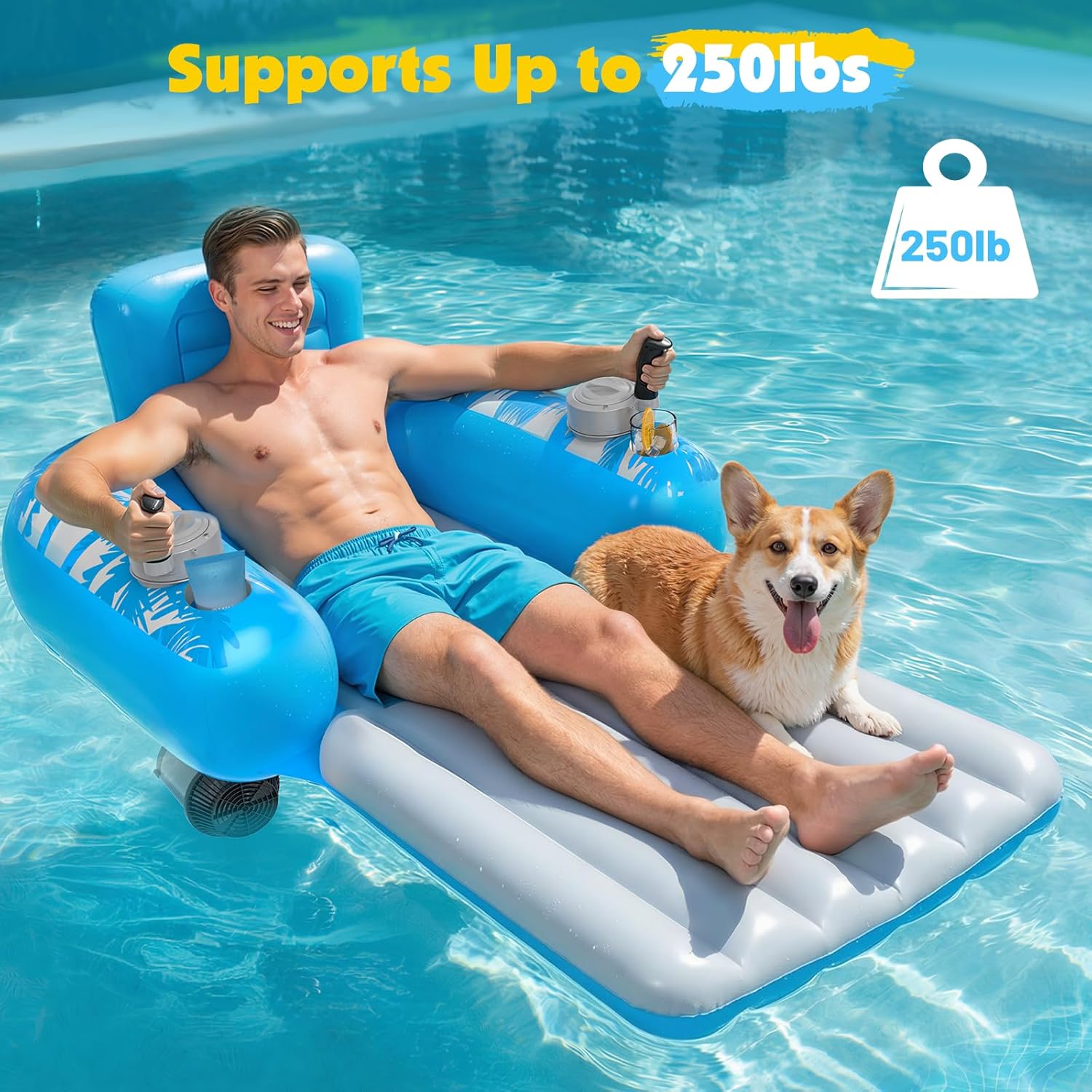 Motorized Inflatable Pool Lounger for Adults – Rechargeable Dual-Motor Water Float with 360° Glide & Storage Pockets