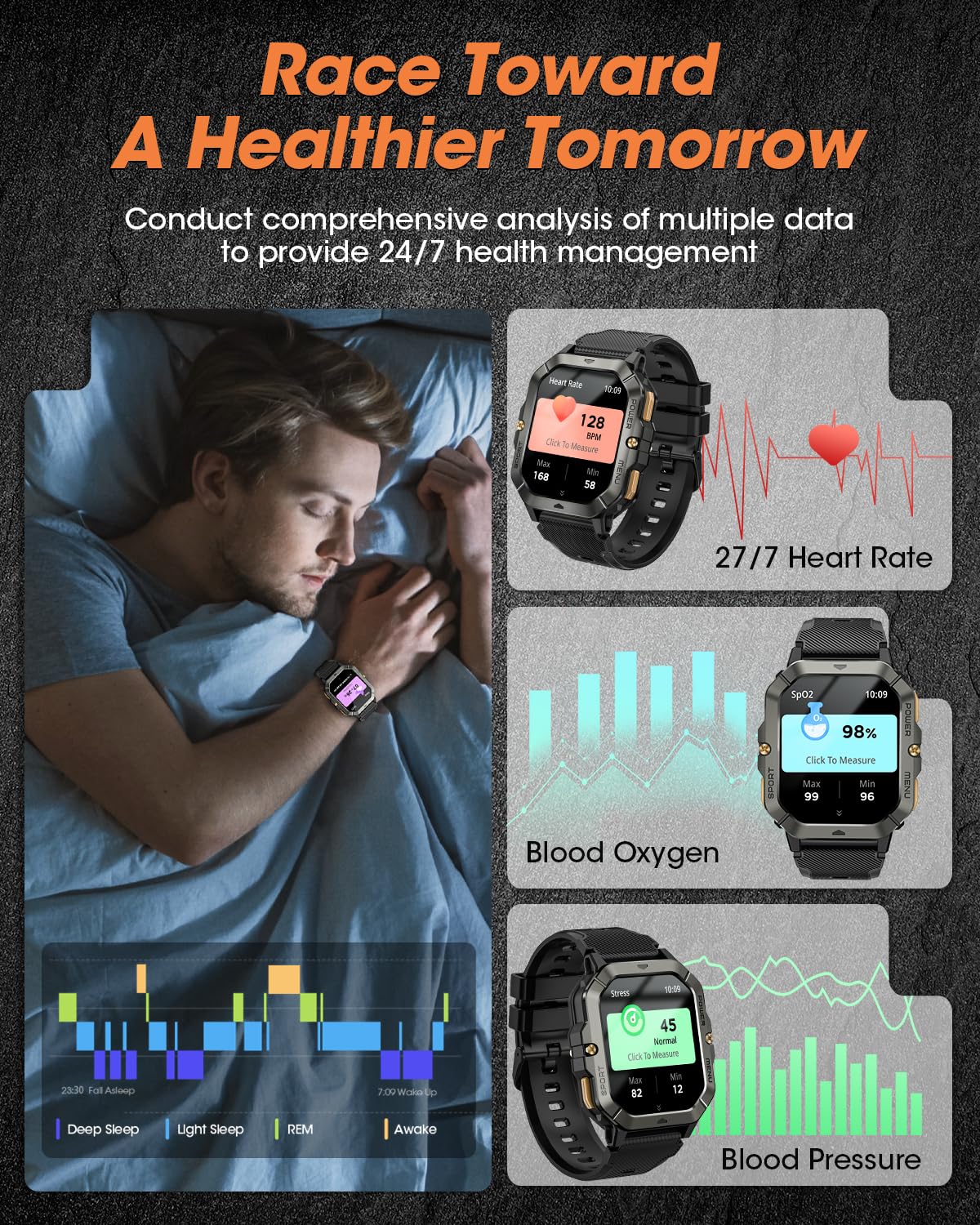 Men's Military Smart Watch | Waterproof Fitness Tracker & Bluetooth Calls with Blood Pressure/Heart Rate/Sleep/100+ Sport Modes