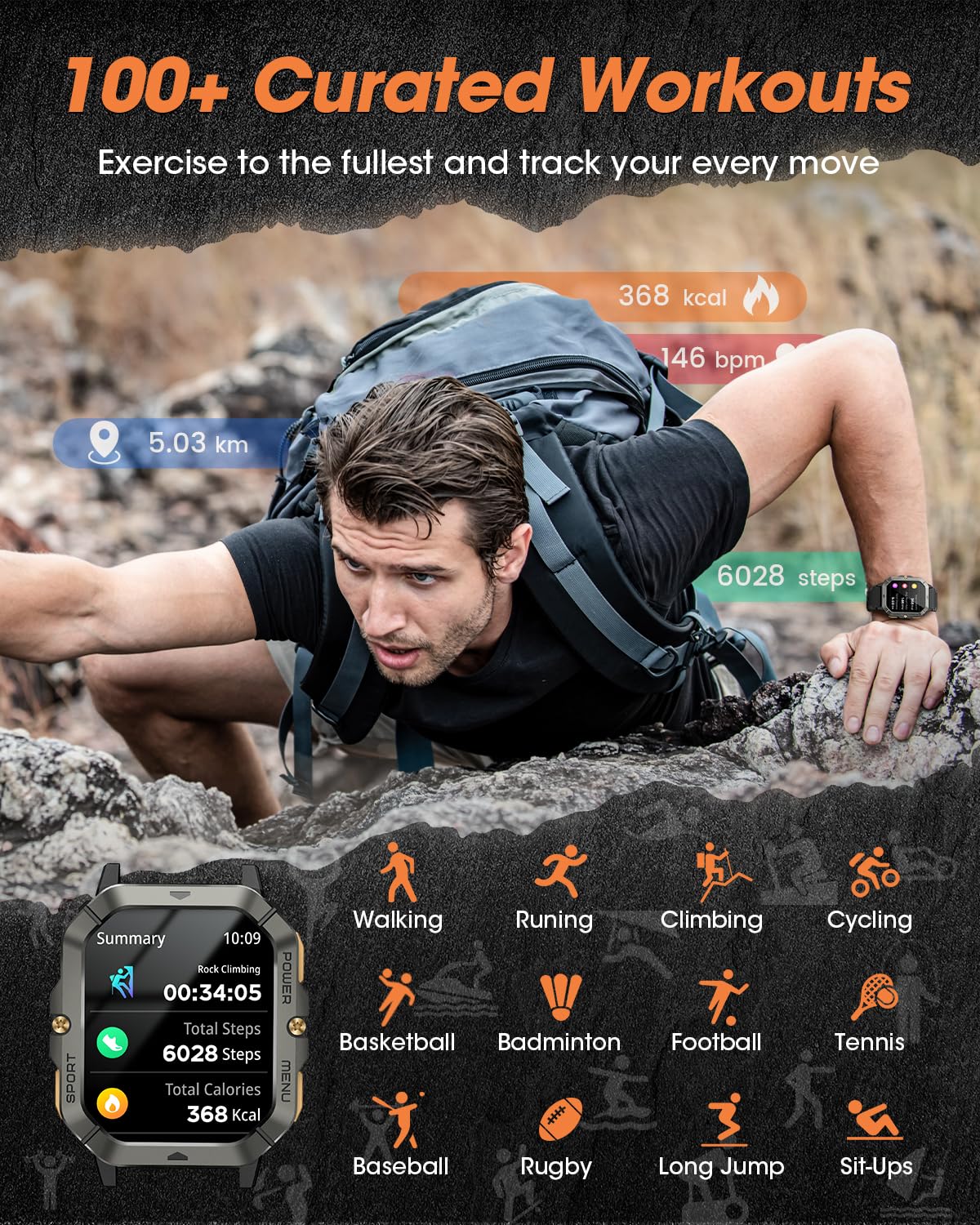 Men's Military Smart Watch | Waterproof Fitness Tracker & Bluetooth Calls with Blood Pressure/Heart Rate/Sleep/100+ Sport Modes