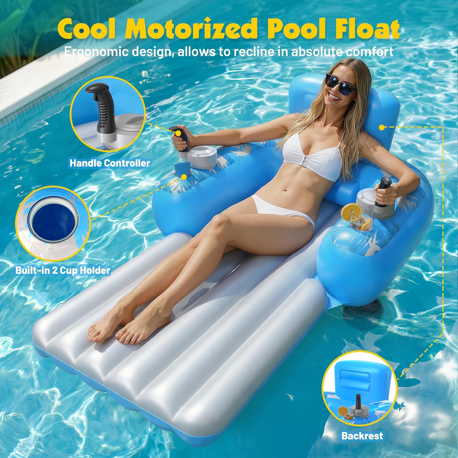 Motorized Inflatable Pool Lounger for Adults – Rechargeable Dual-Motor Water Float with 360° Glide & Storage Pockets