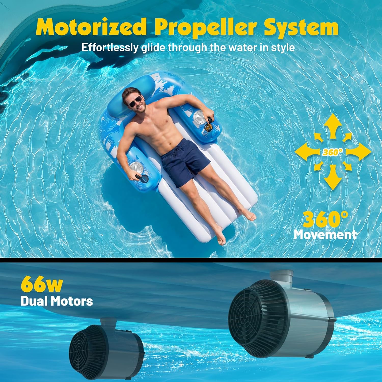 Motorized Inflatable Pool Lounger for Adults – Rechargeable Dual-Motor Water Float with 360° Glide & Storage Pockets
