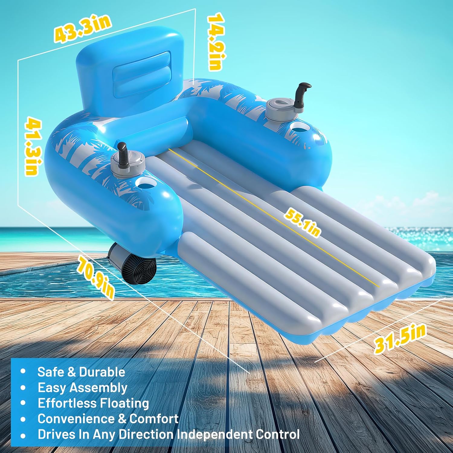 Motorized Inflatable Pool Lounger for Adults – Rechargeable Dual-Motor Water Float with 360° Glide & Storage Pockets