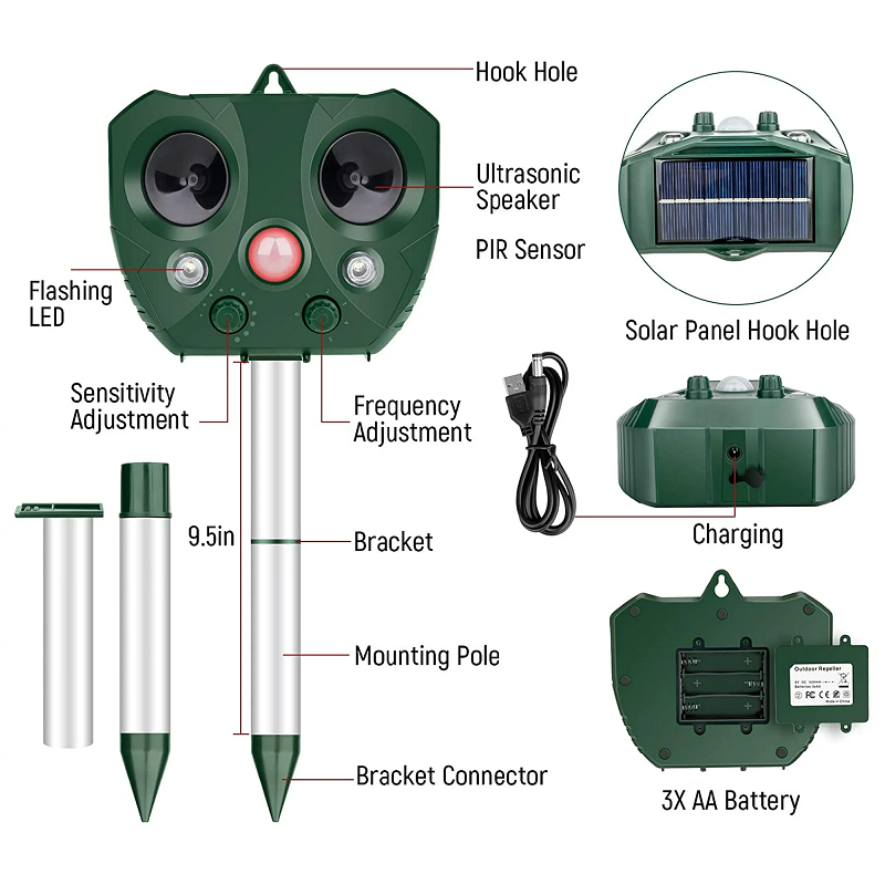 Solar Ultrasonic Bird Repeller – Waterproof Motion-Activated Deterrent with LED Flash for Garden & Crops