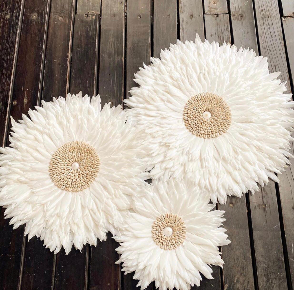 Boho Feather Juju Hat Wall Hanging with Natural Shell or Mirror Center