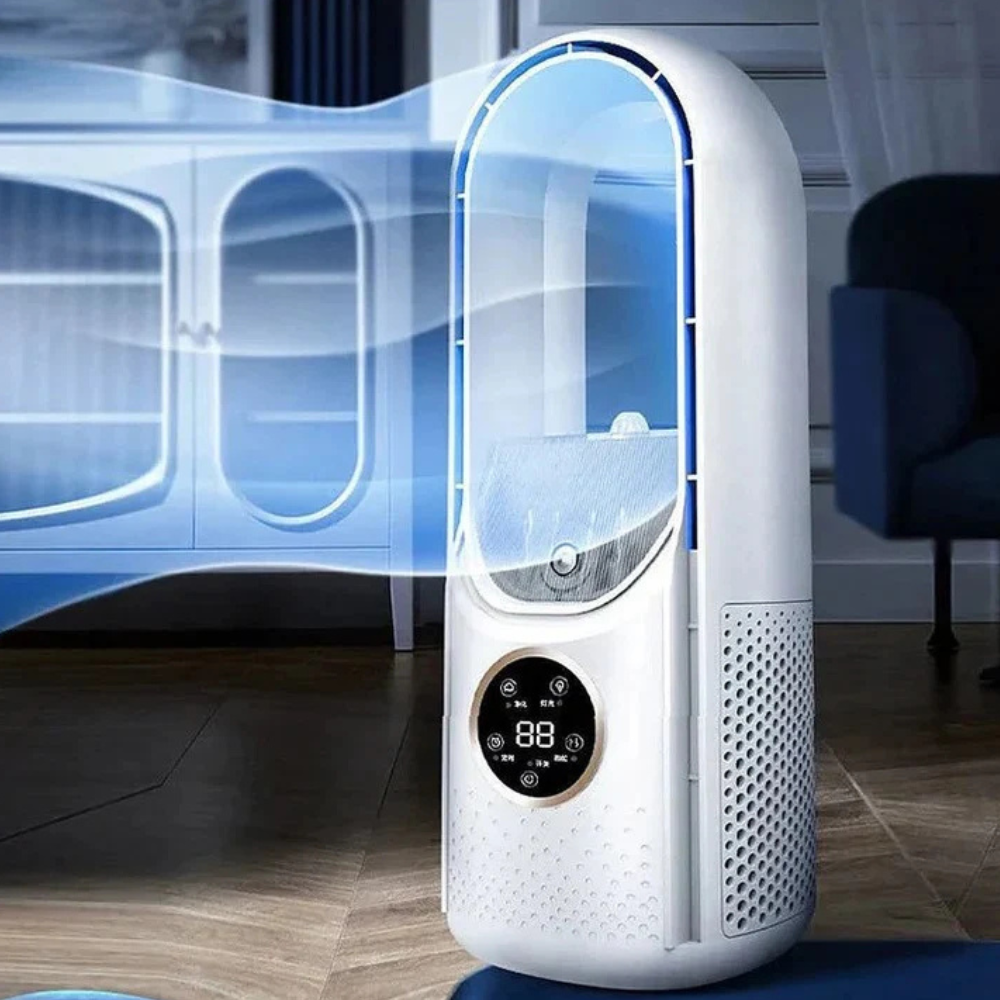 Portable bladeless cooling fan in white