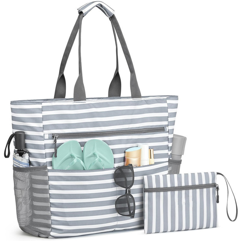 Large Waterproof Beach Tote Bag with Multiple Pockets – Foldable Sand-Proof Carryall for Pool & Travel