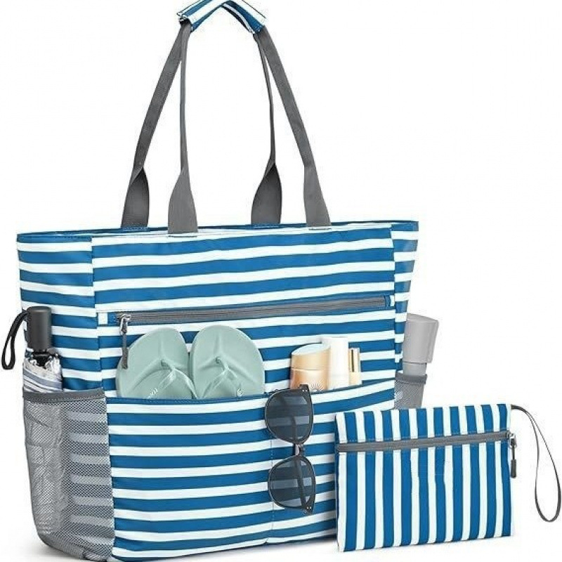 Large Waterproof Beach Tote Bag with Multiple Pockets – Foldable Sand-Proof Carryall for Pool & Travel