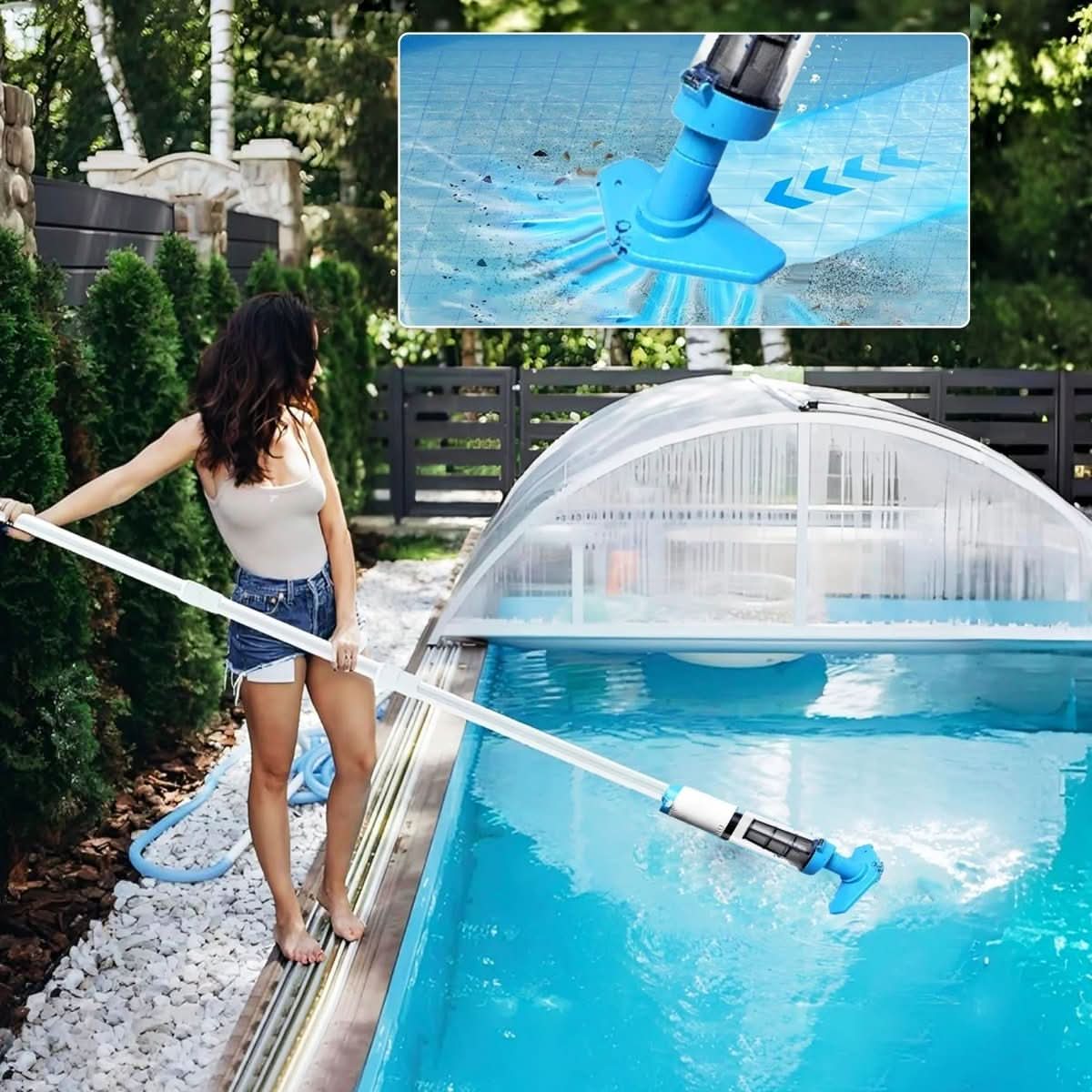 Pool vacuum in use at the pool edge