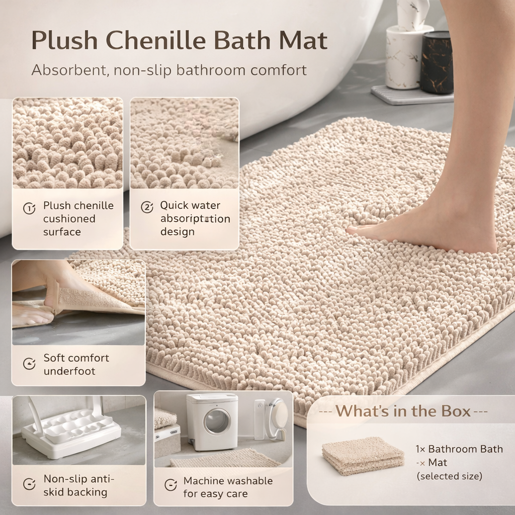 Soft Chenille Absorbent Bathroom Rug with Non-Slip Machine Washable Base
