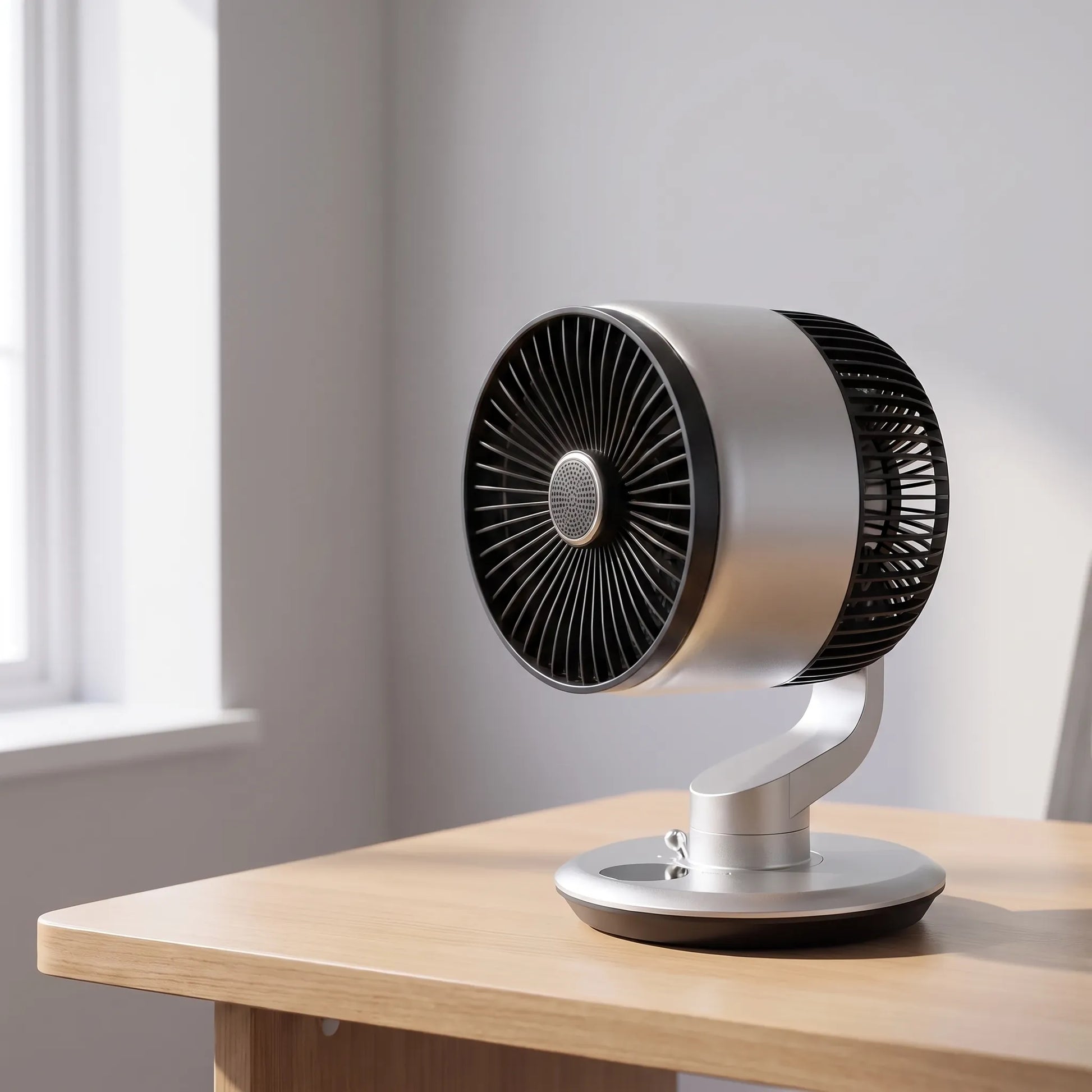Battery powered desk fan on a work desk