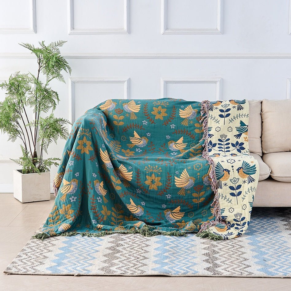 Elegant Reversible 100% Cotton Blanket – Nordic Bird Motif Designed for Soft Comfort and Stylish Home Decor