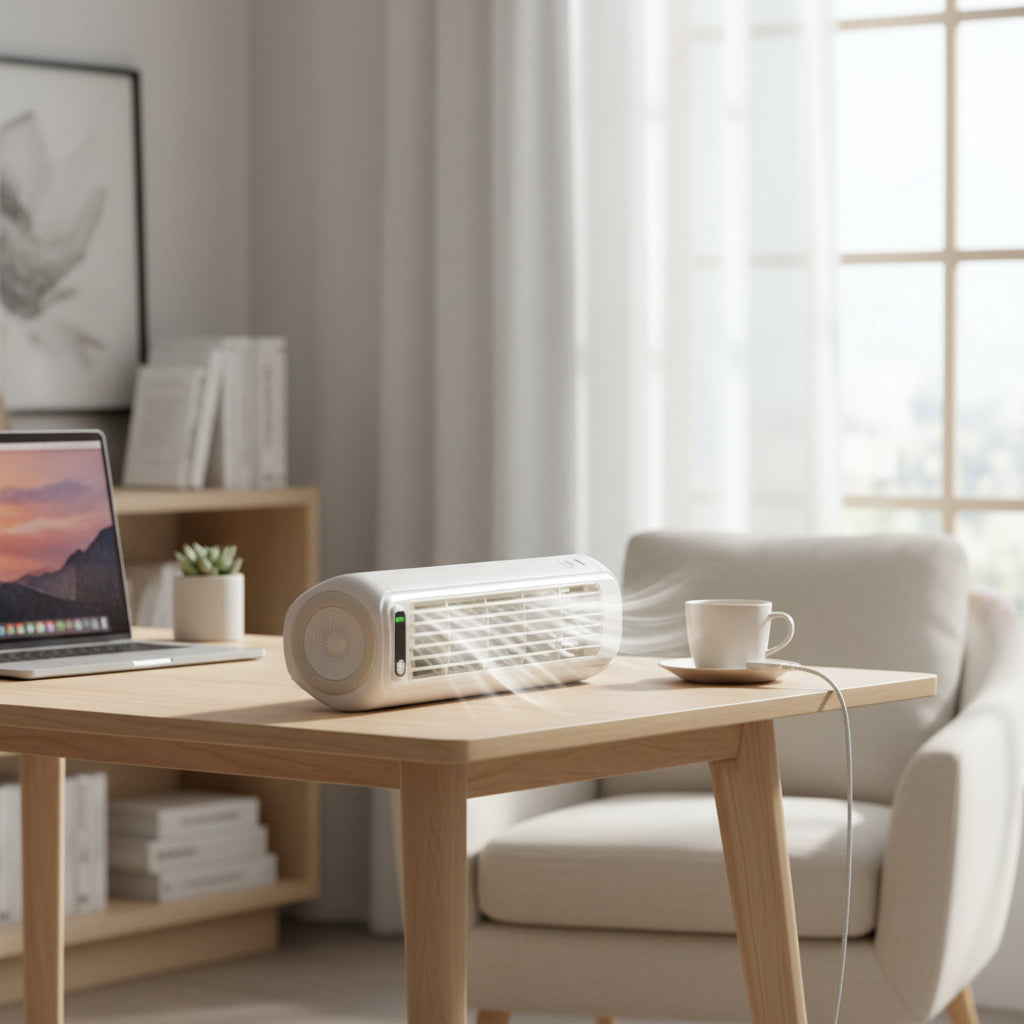 Compact Bladeless Tower Fan with Evaporative Cooling – Quiet Portable Personal Air Cooler for Home & Travel