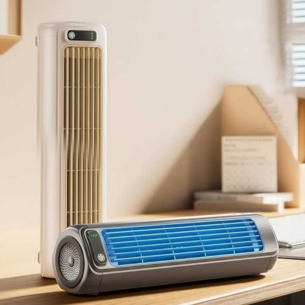 Compact Bladeless Tower Fan with Evaporative Cooling – Quiet Portable Personal Air Cooler for Home & Travel