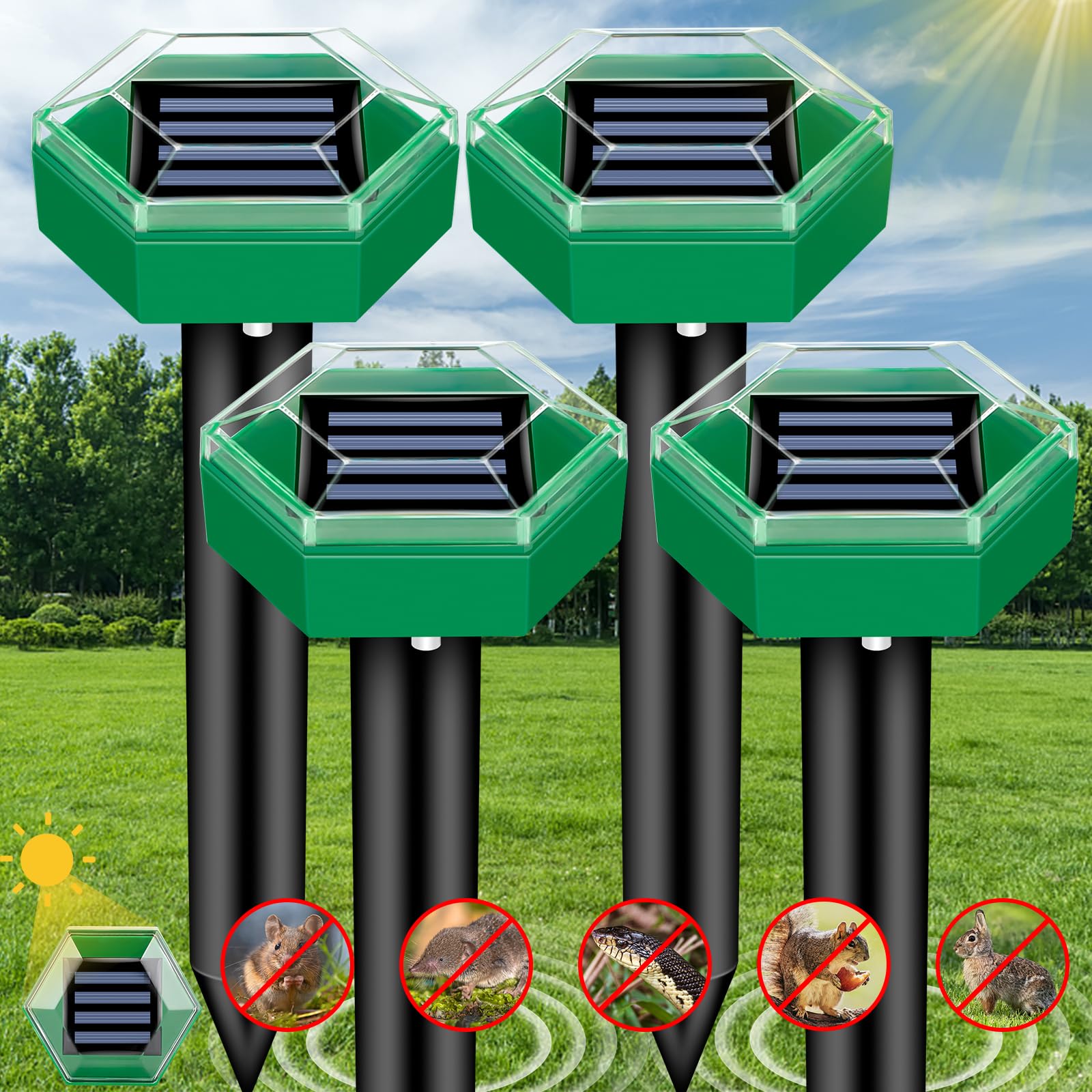 Ultrasonic Mole Repeller Spikes | Solar Gopher & Vole Pest Control (4 Pack)