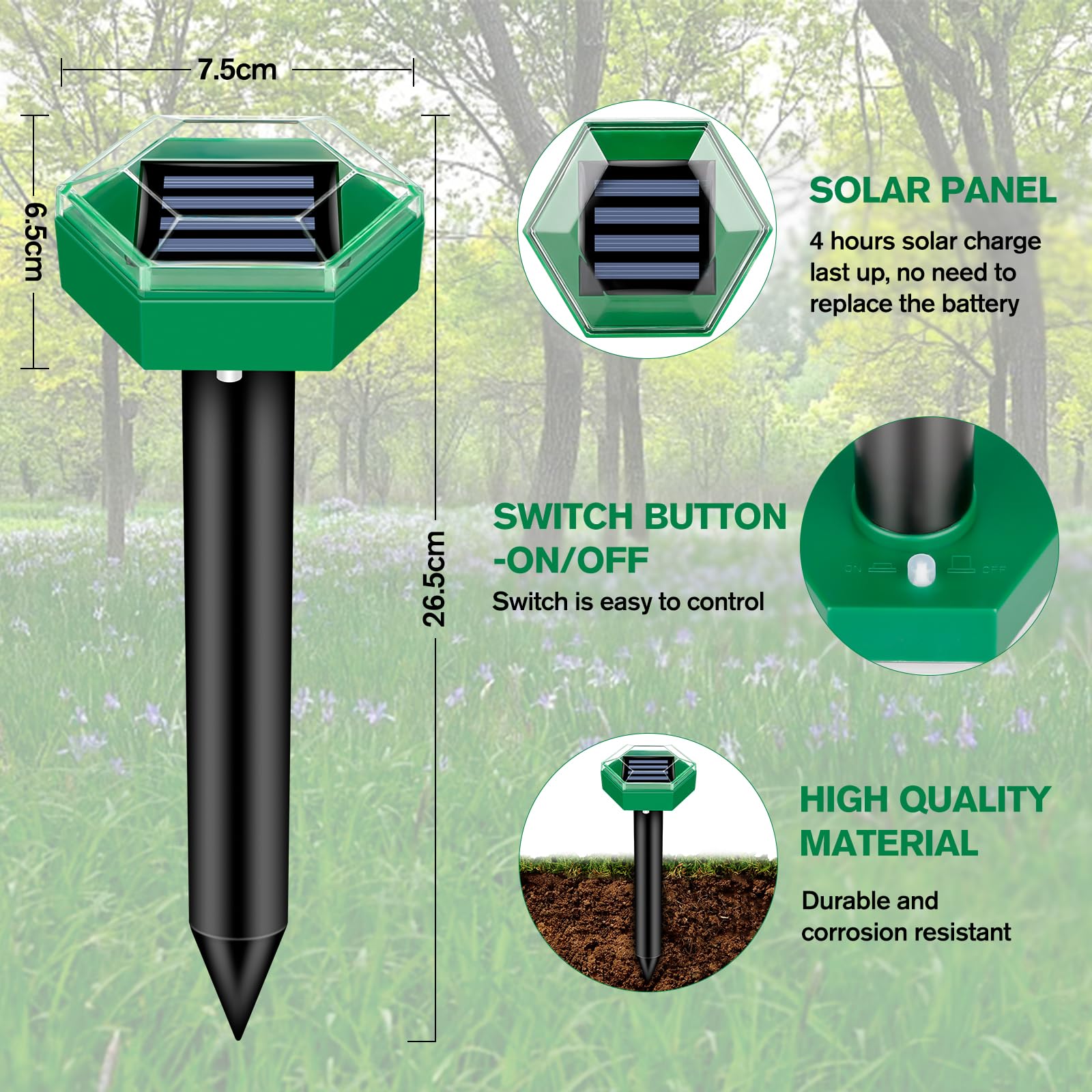 Ultrasonic Mole Repeller Spikes | Solar Gopher & Vole Pest Control (4 Pack)