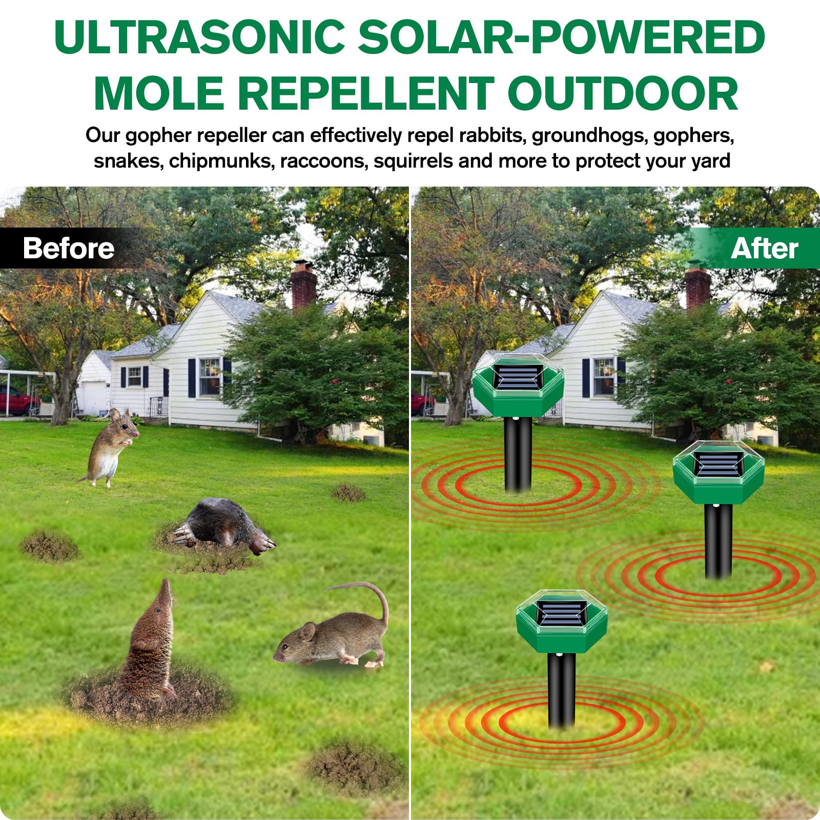Ultrasonic Mole Repeller Spikes | Solar Gopher & Vole Pest Control (4 Pack)