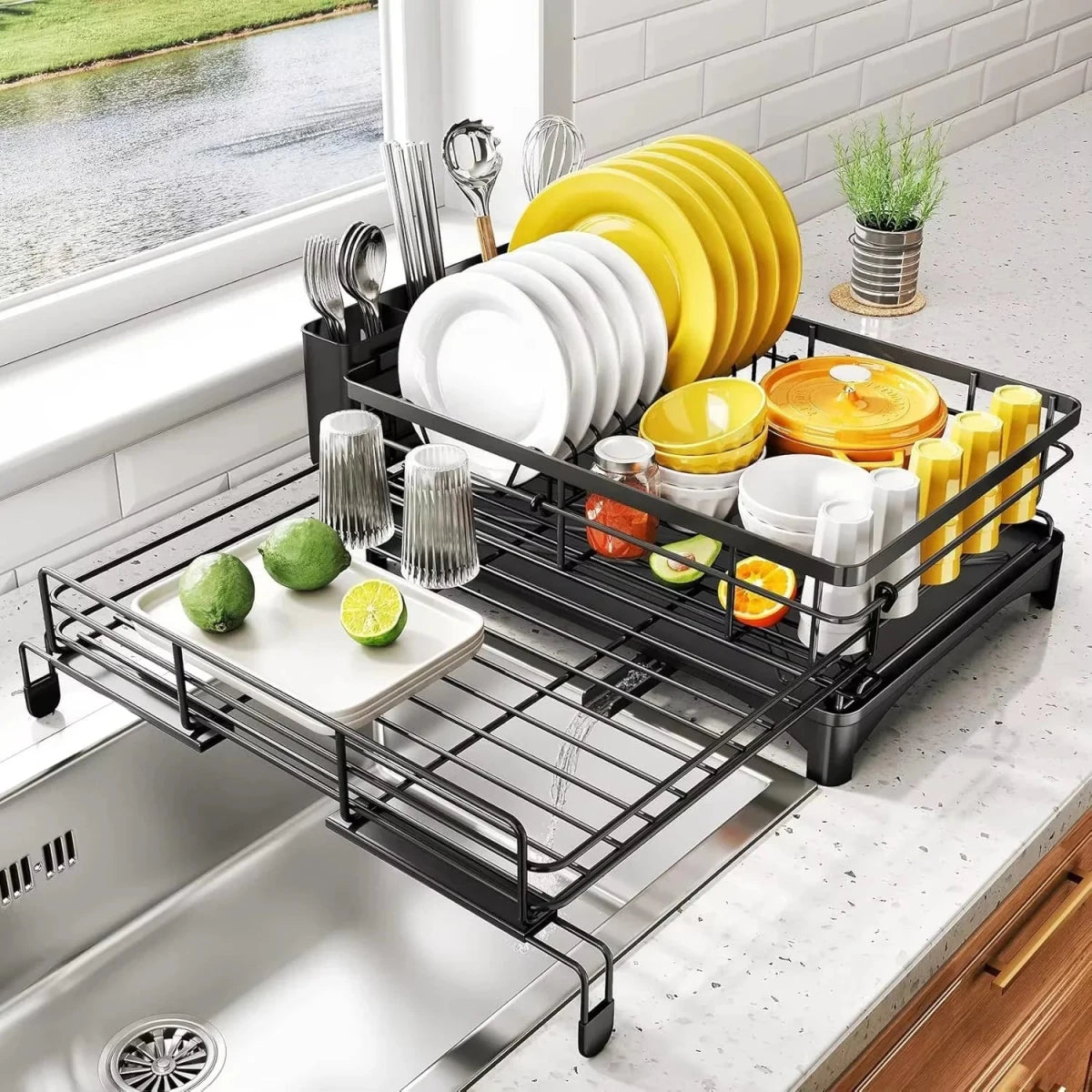 Premium Large Dish Drying Rack – Integrated Drip Tray Designed for Efficient Drying, Countertop Protection, and Organized Kitchen Storage