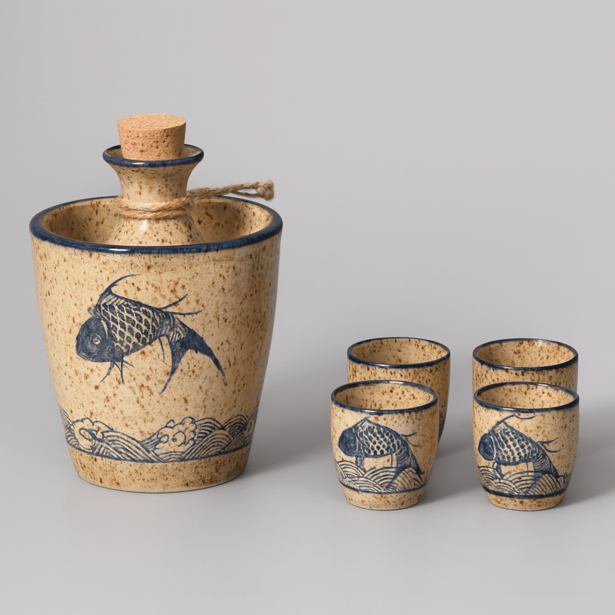 Elegant Ceramic Sake Set with Koi Motif – Handcrafted Japanese Carafe & Cups for Hot and Cold Serving