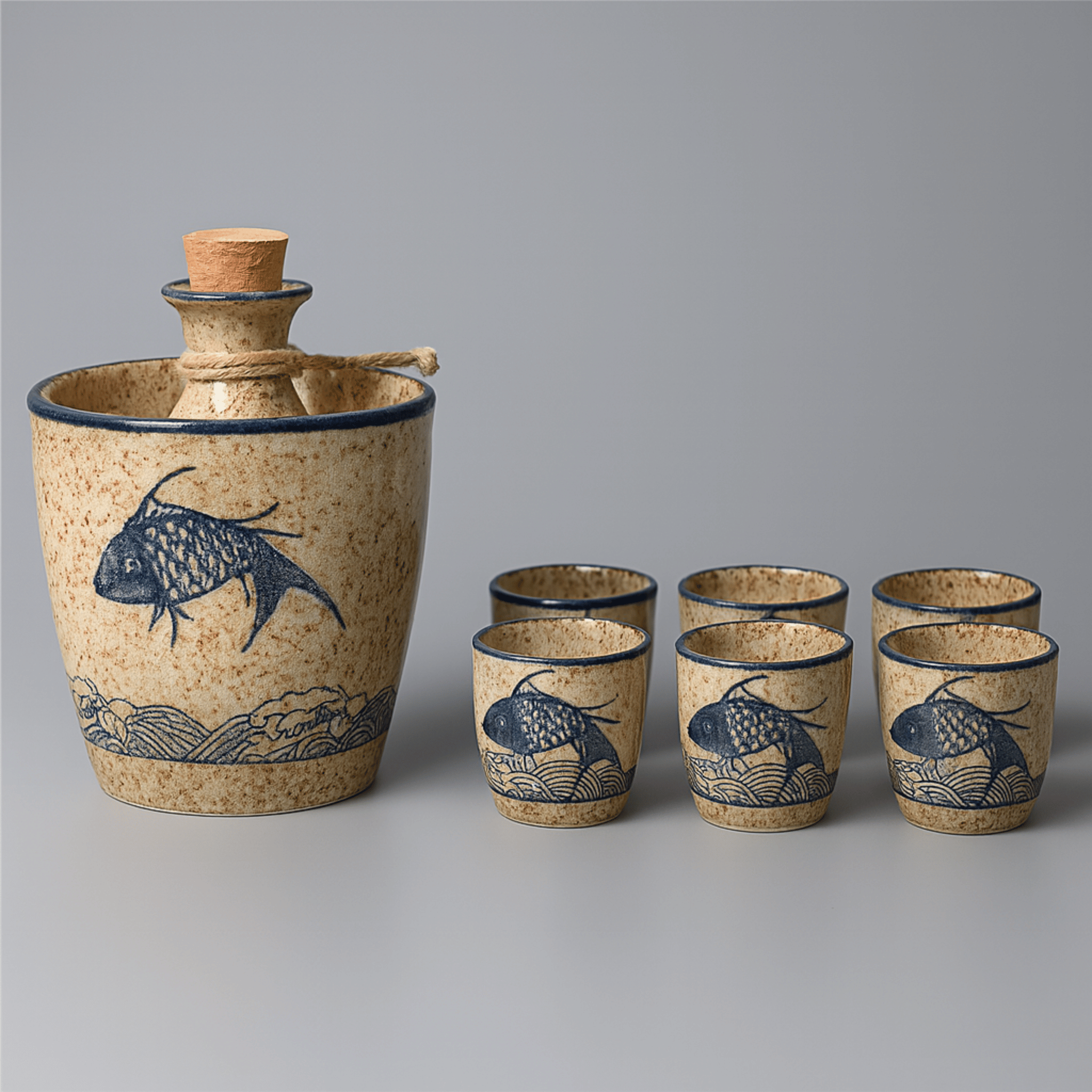 Elegant Ceramic Sake Set with Koi Motif – Handcrafted Japanese Carafe & Cups for Hot and Cold Serving