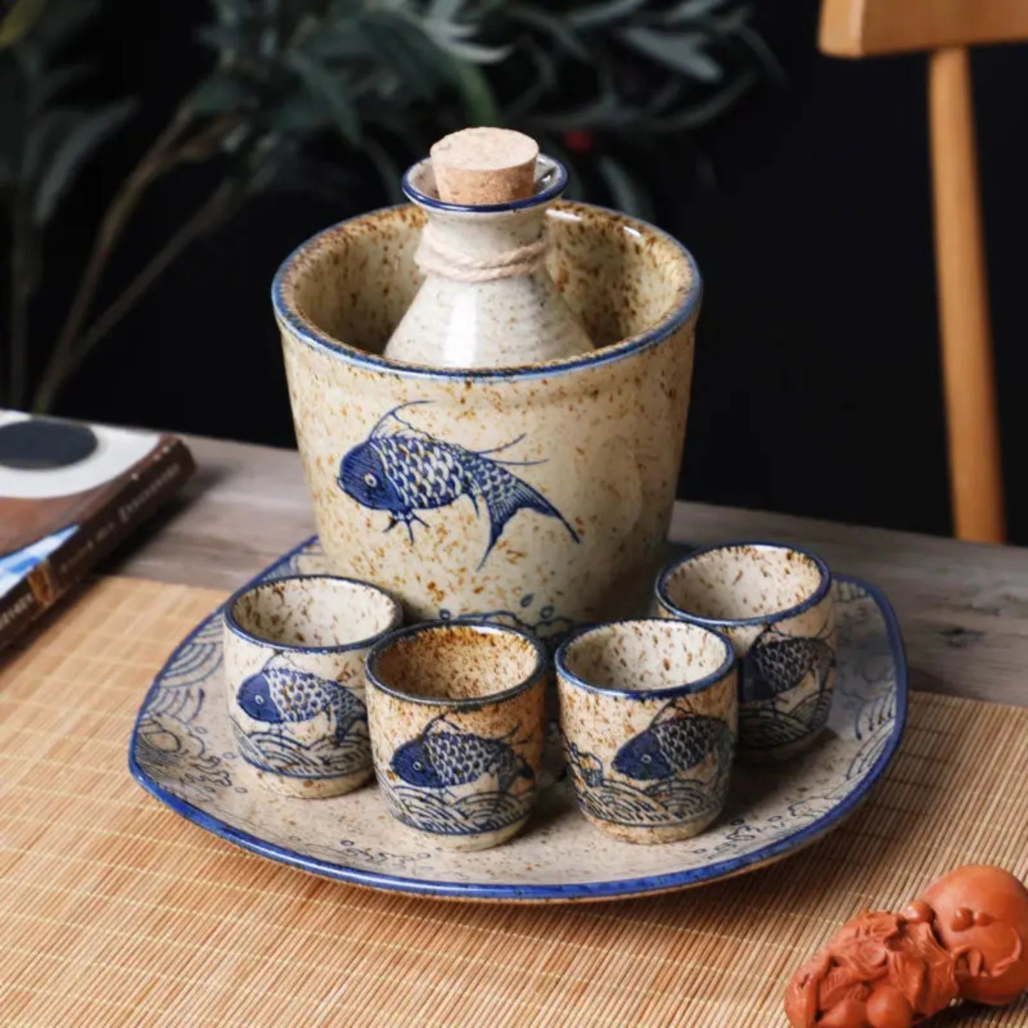 Elegant Ceramic Sake Set with Koi Motif – Handcrafted Japanese Carafe & Cups for Hot and Cold Serving