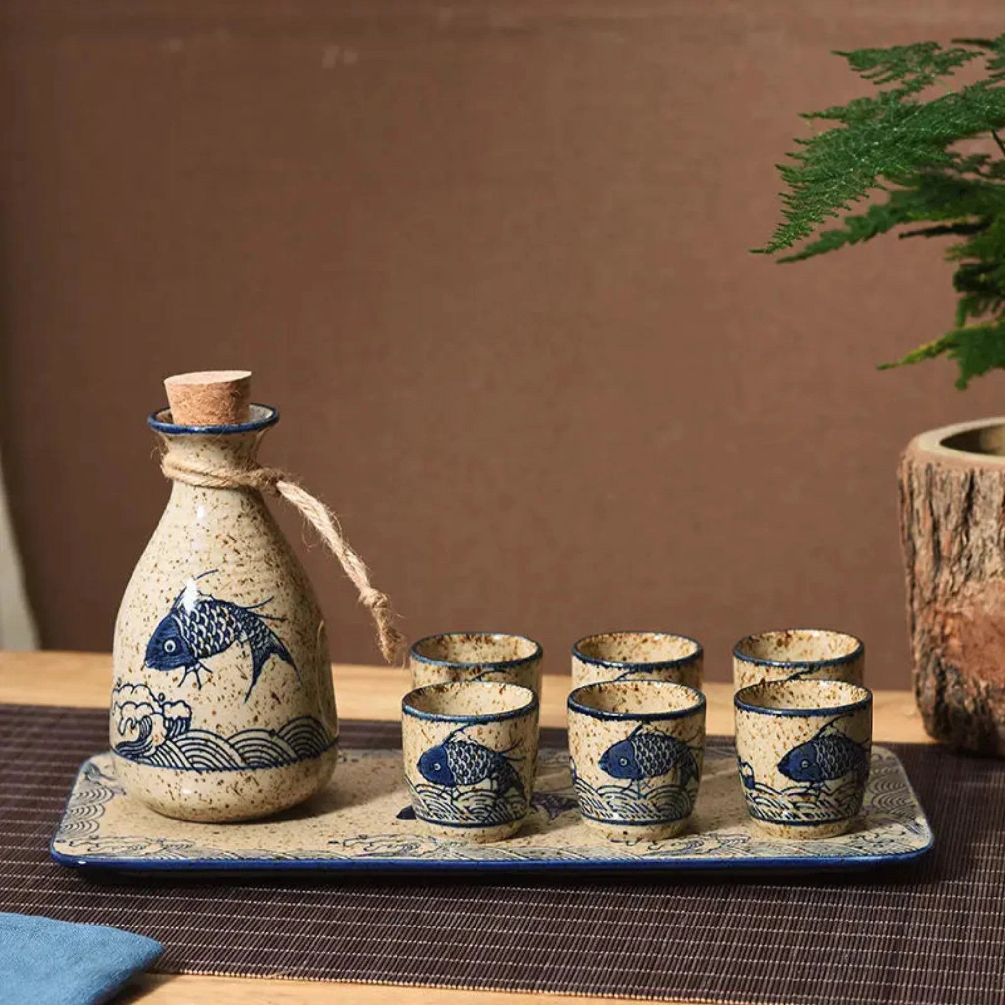 Elegant Ceramic Sake Set with Koi Motif – Handcrafted Japanese Carafe & Cups for Hot and Cold Serving